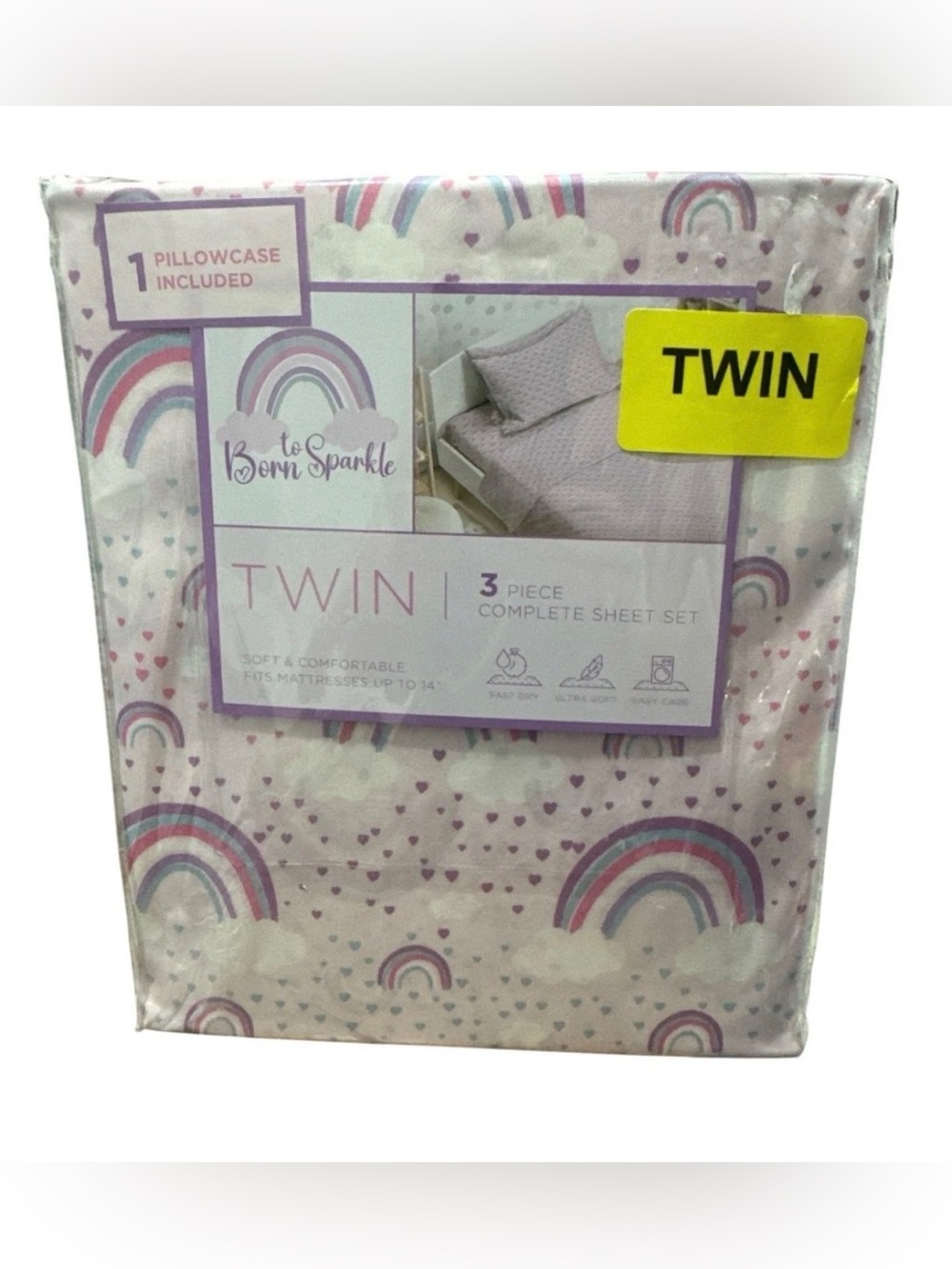 To Born Sparkle 3-Piece Twin Sheet Set With Rainbows & Hearts Pink & Purple 100%